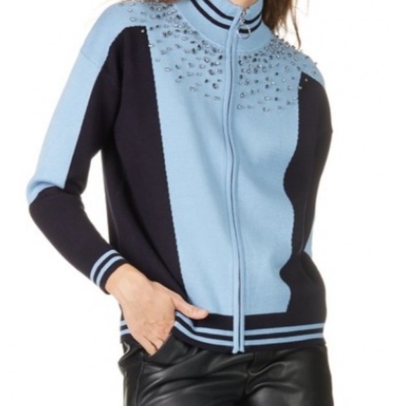 SANDRO Blue Embellished Zip Up Jacket - Picture 4 of 8